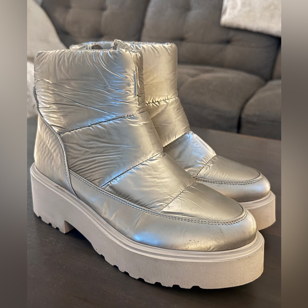 Metallic Silver Quilted Platform Ankle Booties